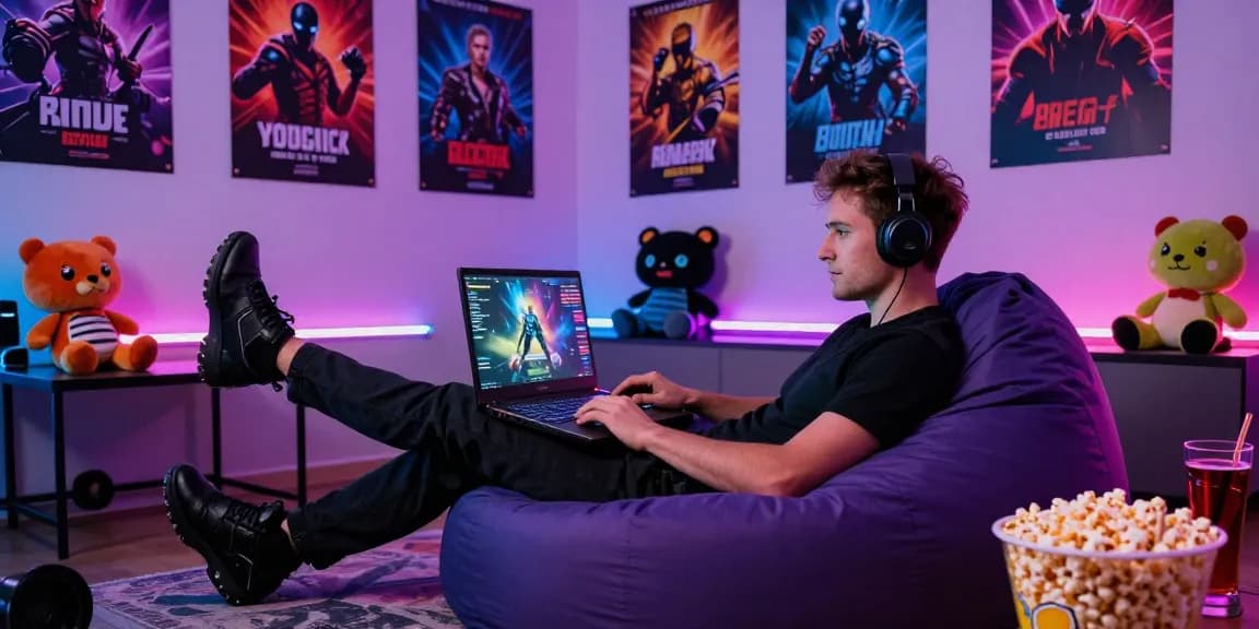 Engaged player enjoying an adult game on a laptop in a cozy gaming setup.