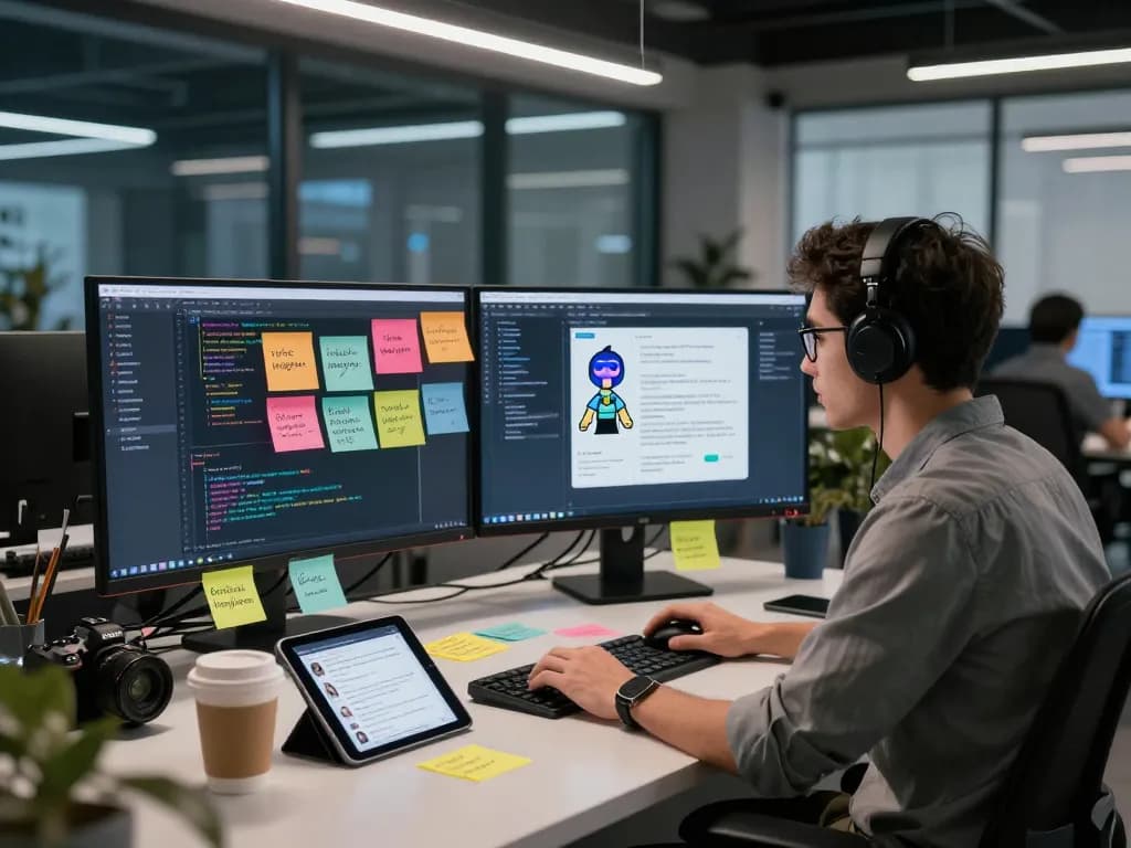 Developer enhancing crushonai in a modern workspace with dual monitors and brainstorming notes.