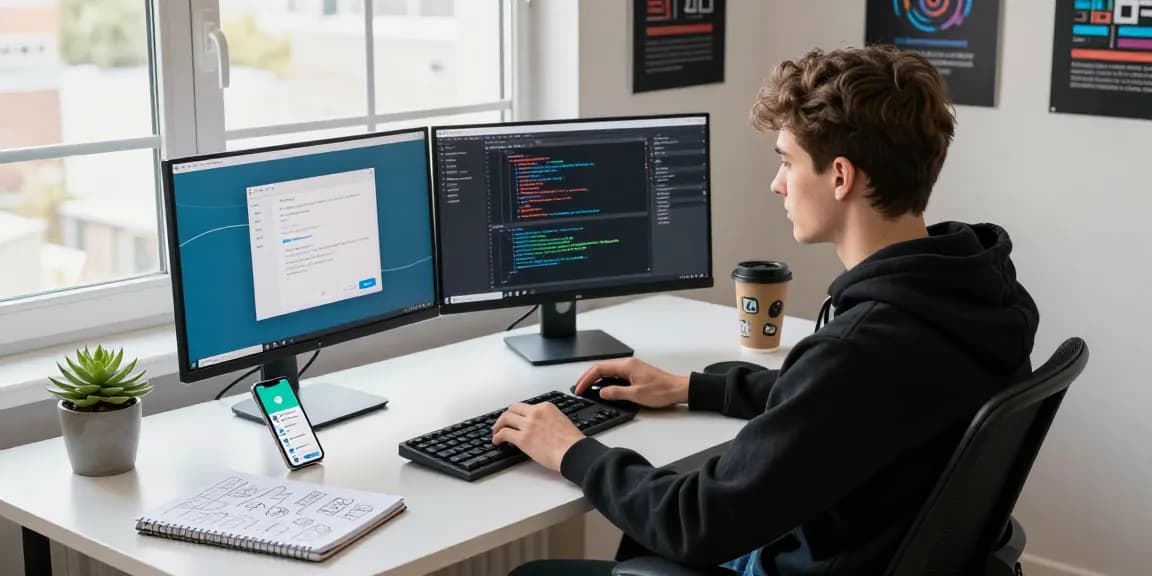 Developer using Telegram web version with multiple screens in a modern workspace.