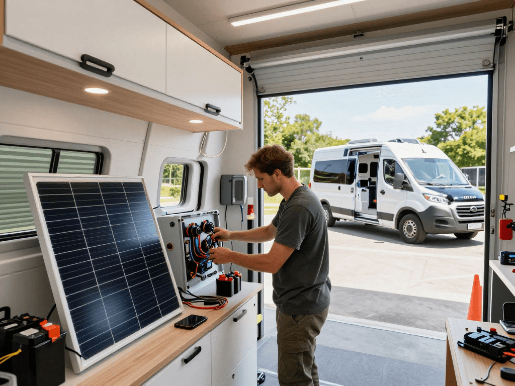 rokok88 builder upgrading camper van electrical systems in a modern workshop