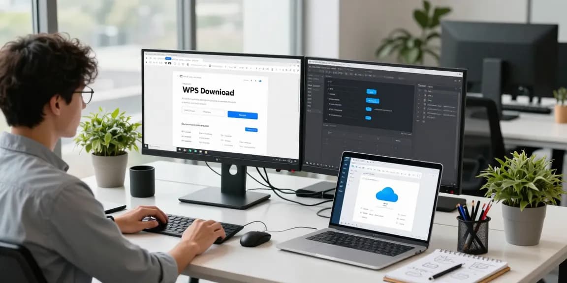WPS Download interface on dual monitors in a modern tech workspace, showcasing productivity tools and creative workspace elements.