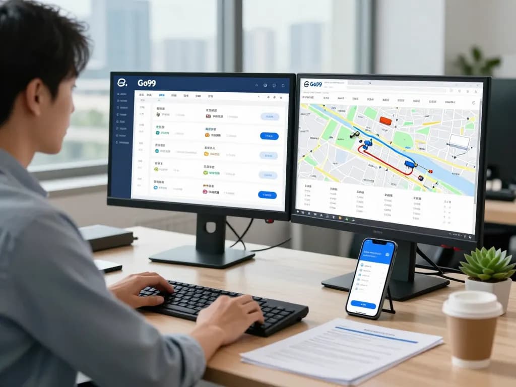 Logistics professional using Go99 app in a modern office setup.