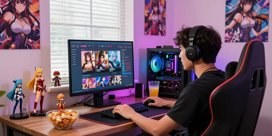 Engaging gamer enjoying free hentai games in a colorful setup, filled with anime figures.