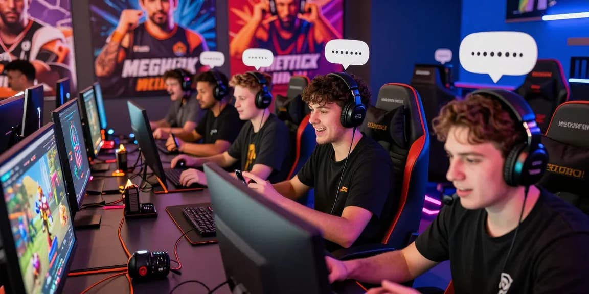 Komunitas gaming online megawin88 dengan pemain berbeda berinteraksi penuh semangat.