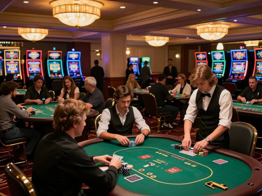 Kuwin vom players engaging at upscale casino poker tables, showcasing strategy and excitement