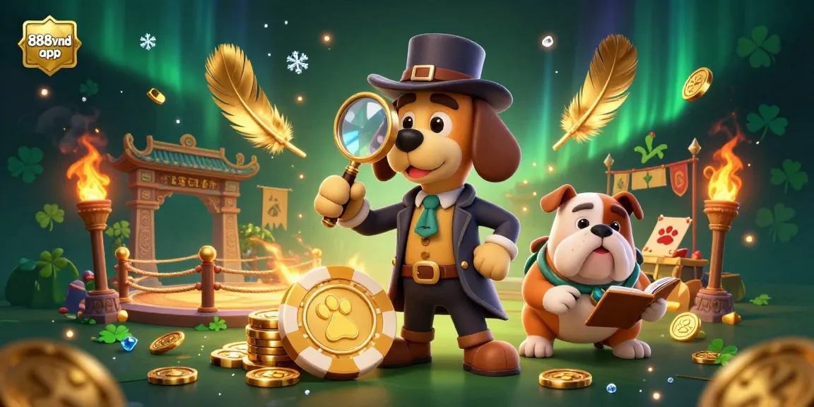 Engage in the thrilling 888vnd app with cartoon detectives uncovering poker chip treasures.