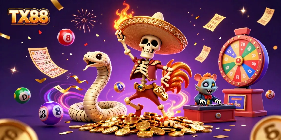 Experience excitement at TX88 with a vibrant casino-themed victory dance of characters surrounded by colorful lottery elements.
