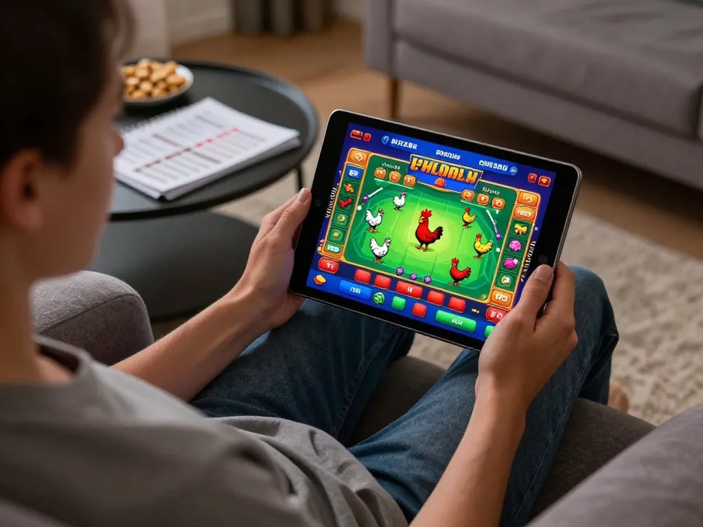 Gioco coinvolgente di Chicken Road recensioni visualizzato su un tablet in un accogliente soggiorno.
