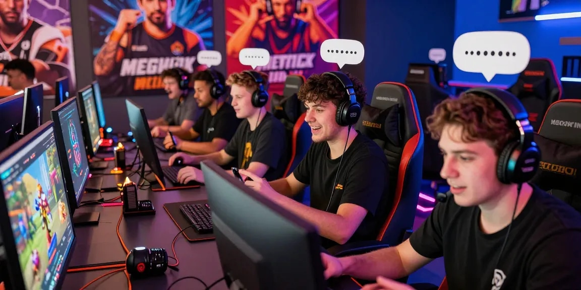 Komunitas gaming online megawin88 dengan pemain berbeda berinteraksi penuh semangat.