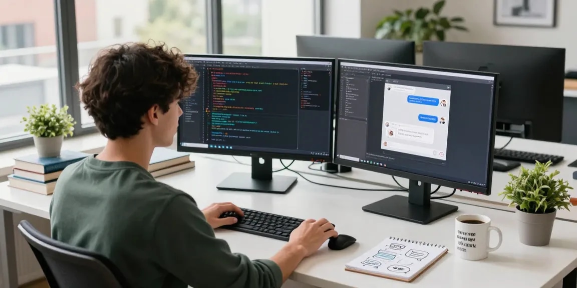 Spicy AI application development in a modern tech workspace, showcasing a developer coding on multiple monitors.