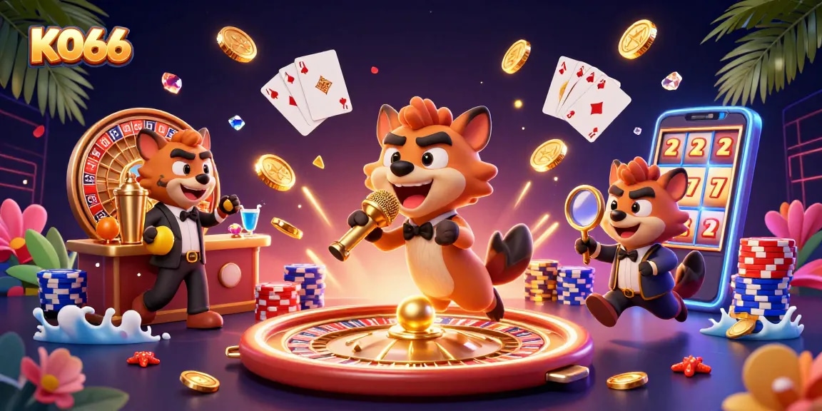 Experience the excitement of KO66 with hyena characters in a vibrant casino scene featuring games and fun.