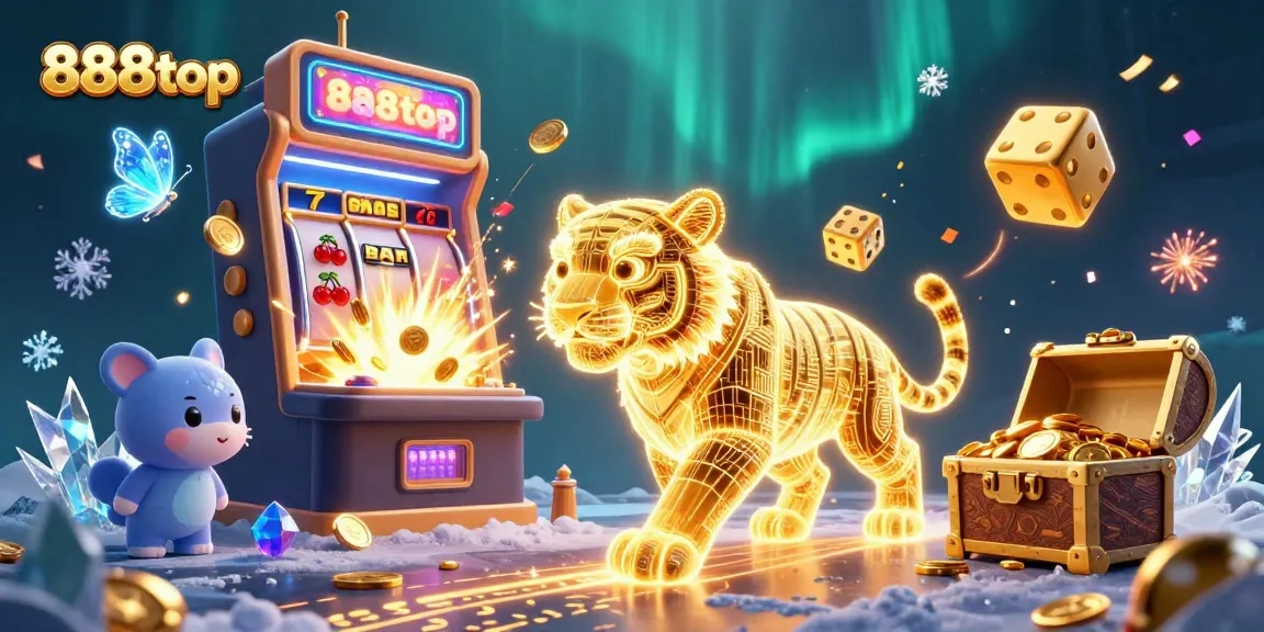 Experience thrilling gaming at 888top with a vibrant digital casino illustration full of action.
