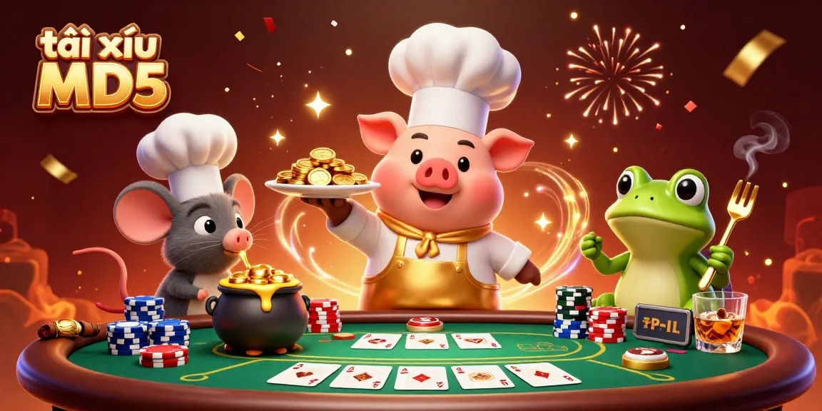 Play tài xỉu MD5 with vibrant characters and dynamic casino elements in a festive celebration.