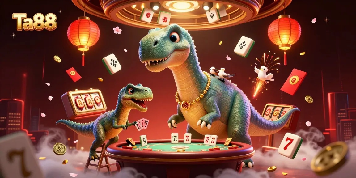Win big with Ta88 as a vibrant casino scene comes alive with unique characters and gaming elements.
