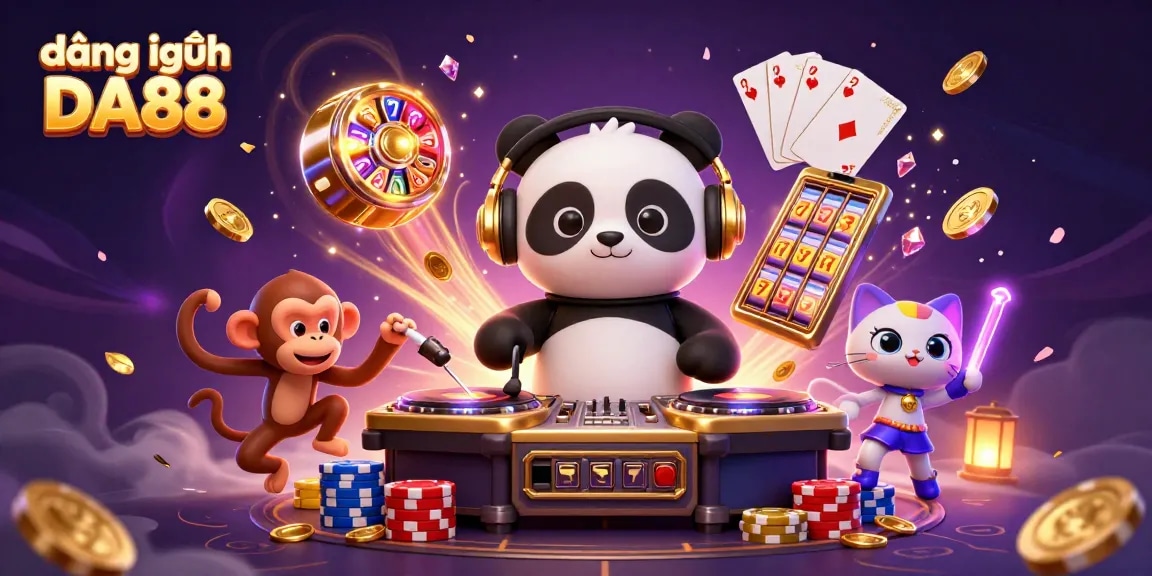 Hit the jackpot with đăng nhập DA88 featuring vibrant 3D cartoon characters in a lively casino scene.