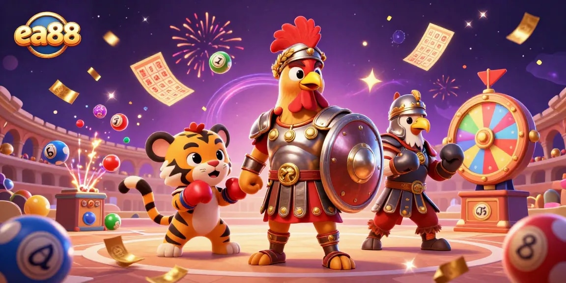 Engage with ea88's roaring excitement in a vibrant casino arena with jubilant game elements.