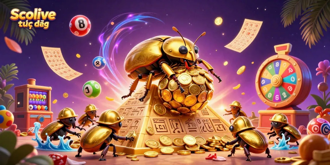 Socolive trực tiếp showcases a vibrant 3D illustration of a golden beetle with dynamic casino elements, captivating bettors.