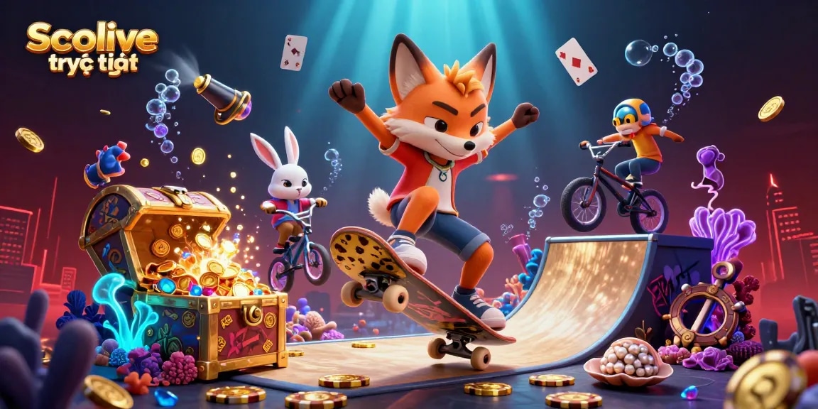 Socolive trực tiếp showcases a vibrant scene with a skateboarder fox and BMX rabbit amidst casino-themed elements like poker chips and glowing treasures.