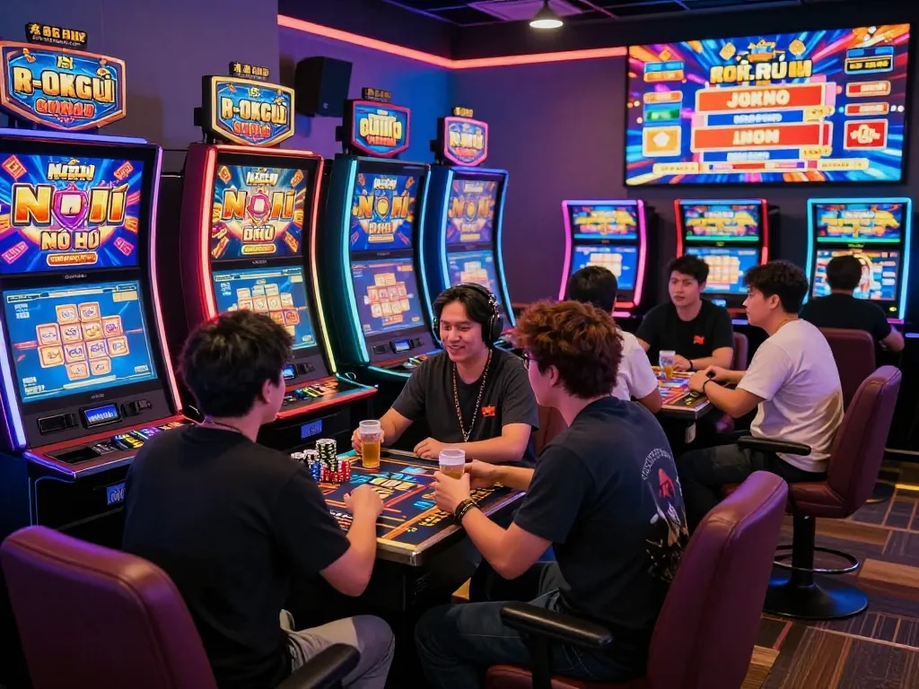 Nổ Hũ players in a vibrant online gaming lounge surrounded by flashing slot machines and virtual rewards, showcasing excitement and social interaction.