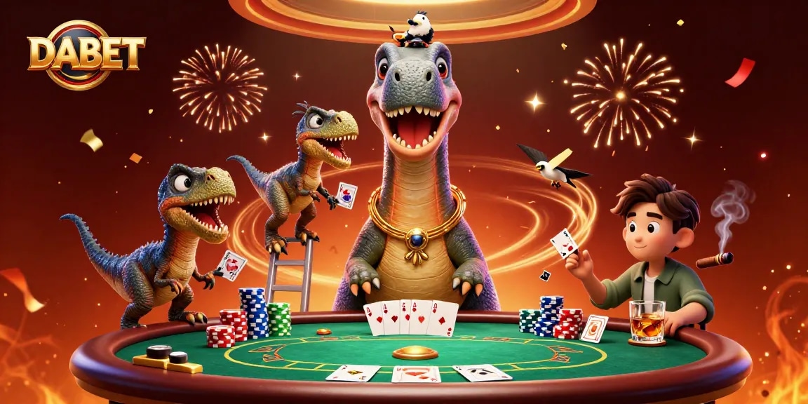DABET provides an exciting online casino experience with a dynamic 3D illustration featuring card dealing raptor and a giant brontosaurus.