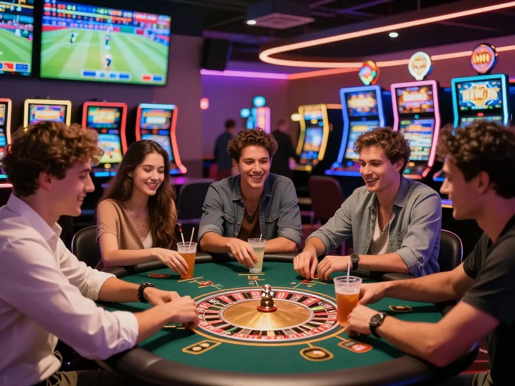 Friends enjoying MMOO gaming night filled with excitement and vibrant atmosphere.