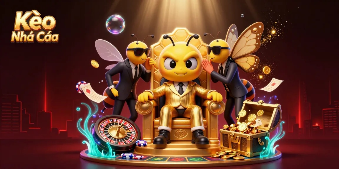 Kèo Nhà Cái visual showcasing a bee mob boss in a gaming scene filled with casino elements and vibrant colors