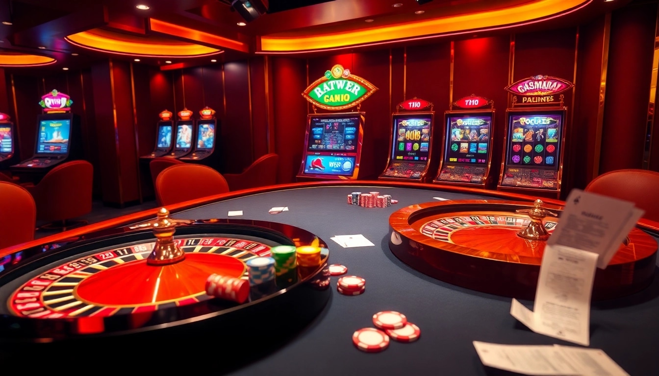 Experience the thrill of gambling at Nohu90 with vibrant casino scenes featuring poker tables and slot machines.