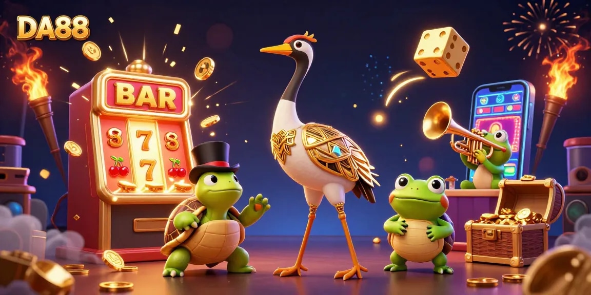 Experience jackpots at DA88 with vibrant 3D casino characters in a lively gaming scene.