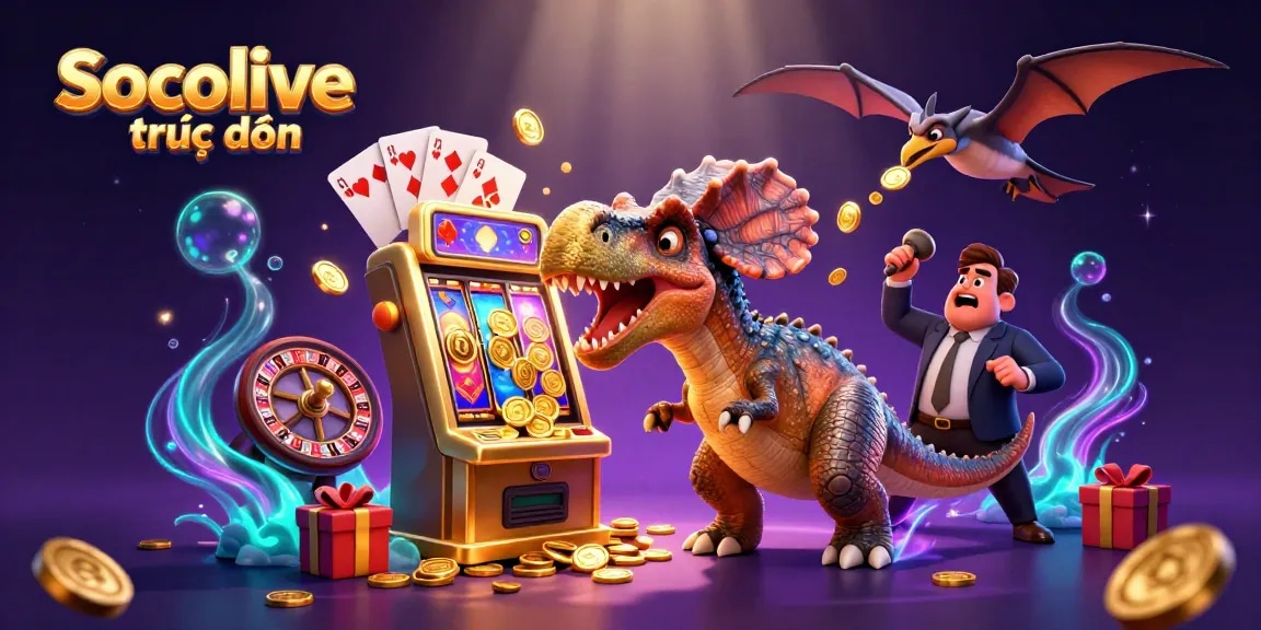Socolive trực tiếp showcases a thrilling cartoon scene of a dinosaur and casino characters interacting with a jackpot.