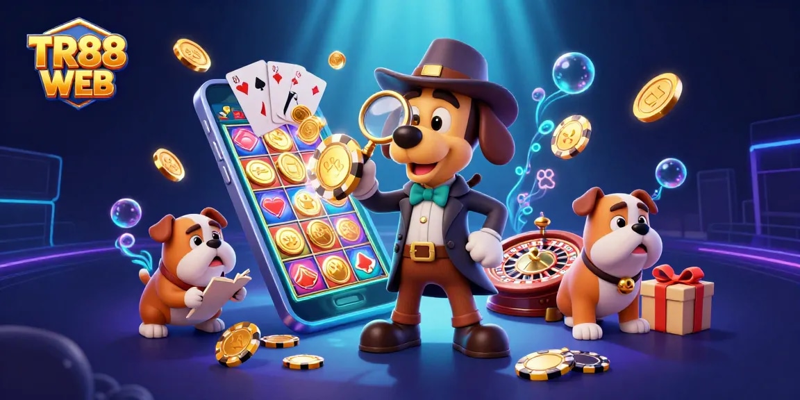 Spin to win big with TR88 WEB's vibrant slot gaming experience illustrated by a clever bloodhound detective.
