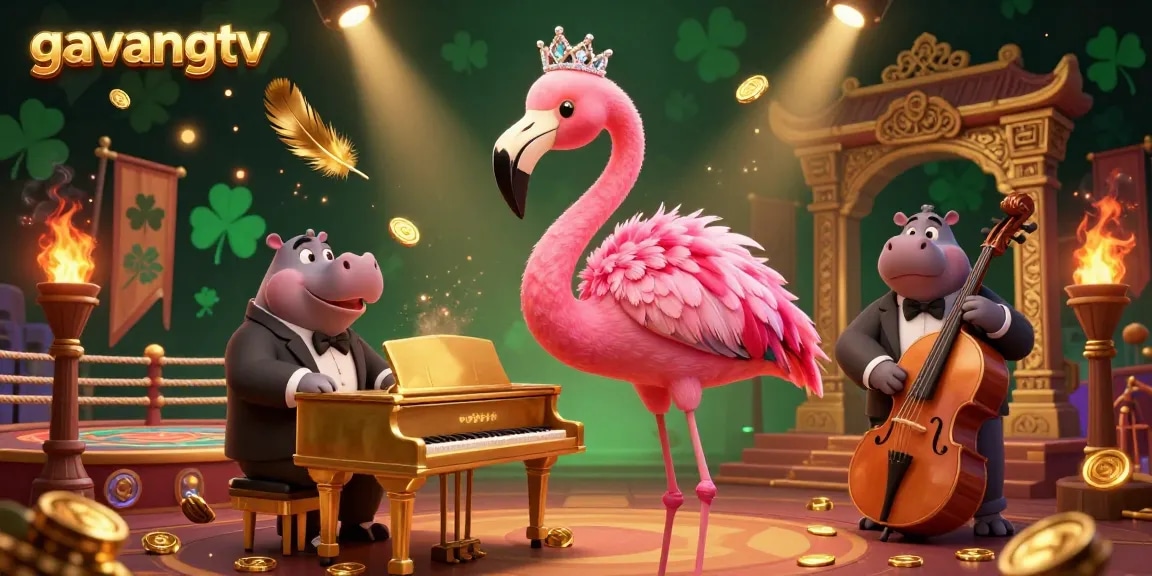 Experience the excitement of gambling with gavangtv's vibrant casino illustration featuring a flamingo singer and hippo bassist.