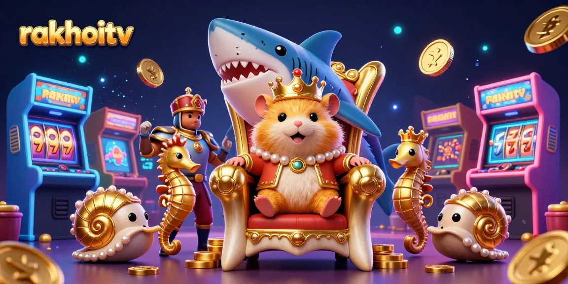 Experience rakhoitv with the golden hamster king and vibrant casino gaming elements in an exhilarating scene.