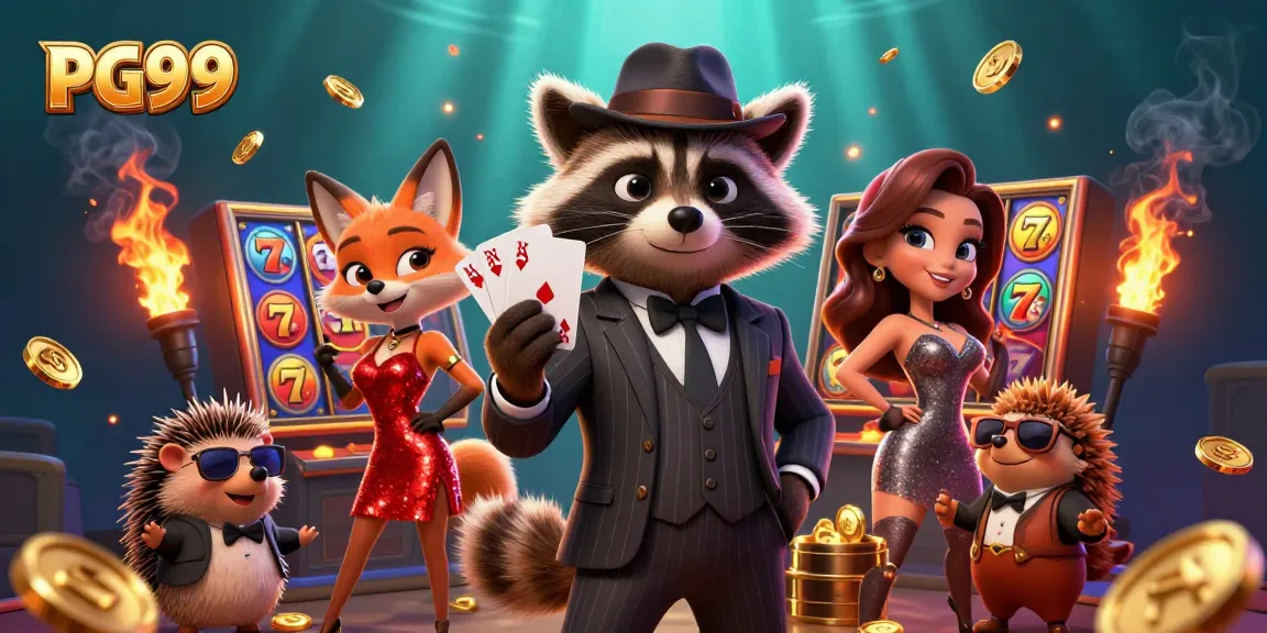 PG99 showcases a lively casino scene featuring a suave raccoon, a stylish fox, and a hedgehog, engaging in dynamic slot gameplay.