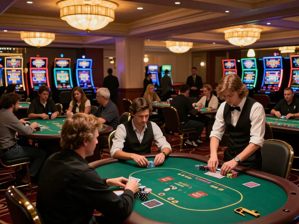 Kuwin vom players engaging at upscale casino poker tables, showcasing strategy and excitement