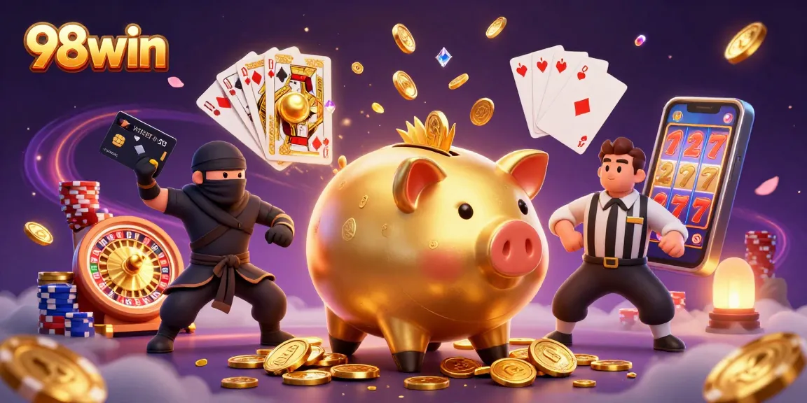 Experience thrilling gameplay at 98win with a sumo wrestler and a ninja in an action-packed casino scene.