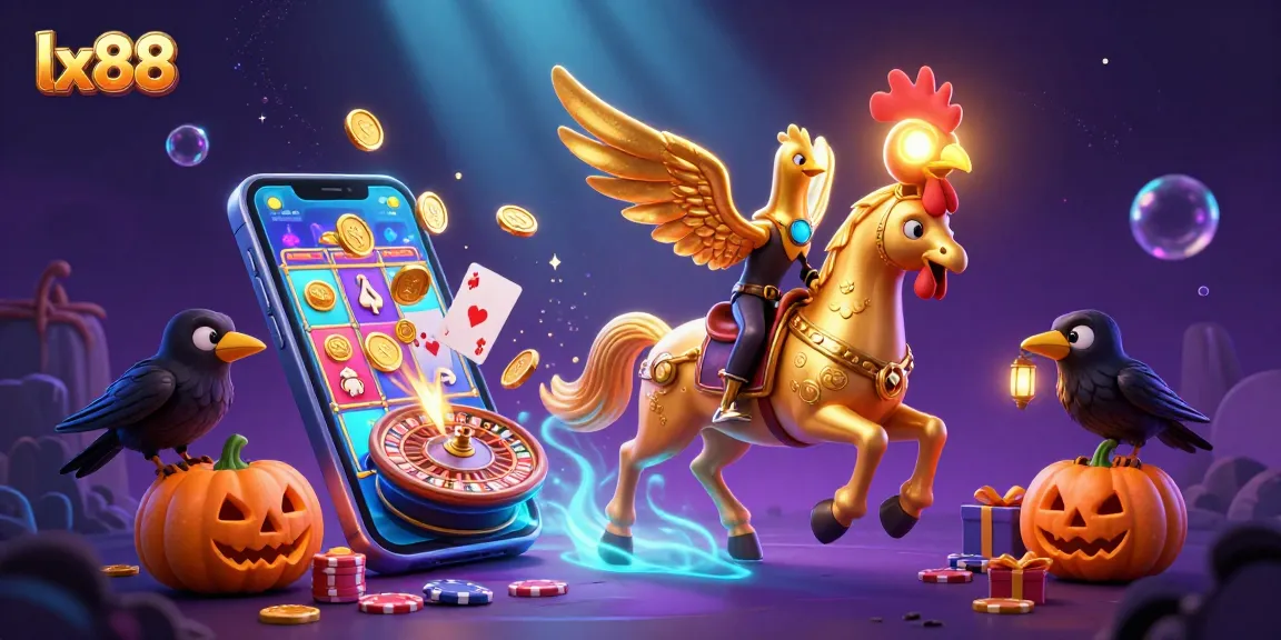 Experience exhilarating wins with lx88's vibrant casino scene, showcasing golden rooster characters and epic games.