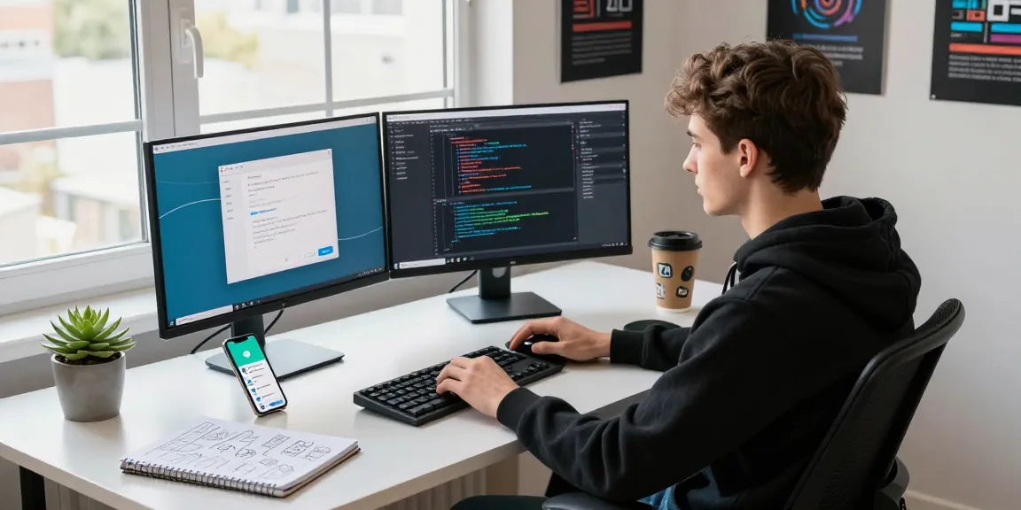 Developer using Telegram web version with multiple screens in a modern workspace.