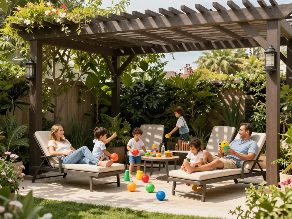 Family enjoying a sunny day under a pergola configurator designed patio, highlighting outdoor relaxation.