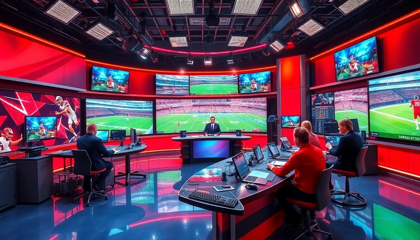 Engaging scene of sports broadcasting capturing presenters in action and technology.