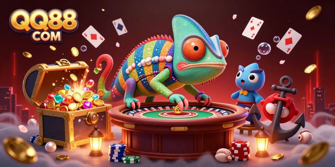 Engage with QQ88 COM's dynamic casino scene featuring an animated chameleon owner and treasure, perfect for players.