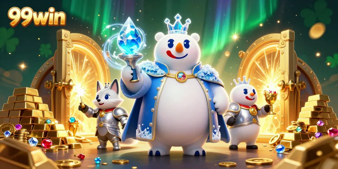 Capture thrilling gaming excitement with 99win as characters celebrate amidst treasure and casino elements.