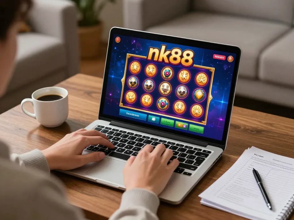 The player engages in online gaming on nk88 with a vibrant slot game displayed on their laptop in a cozy environment.