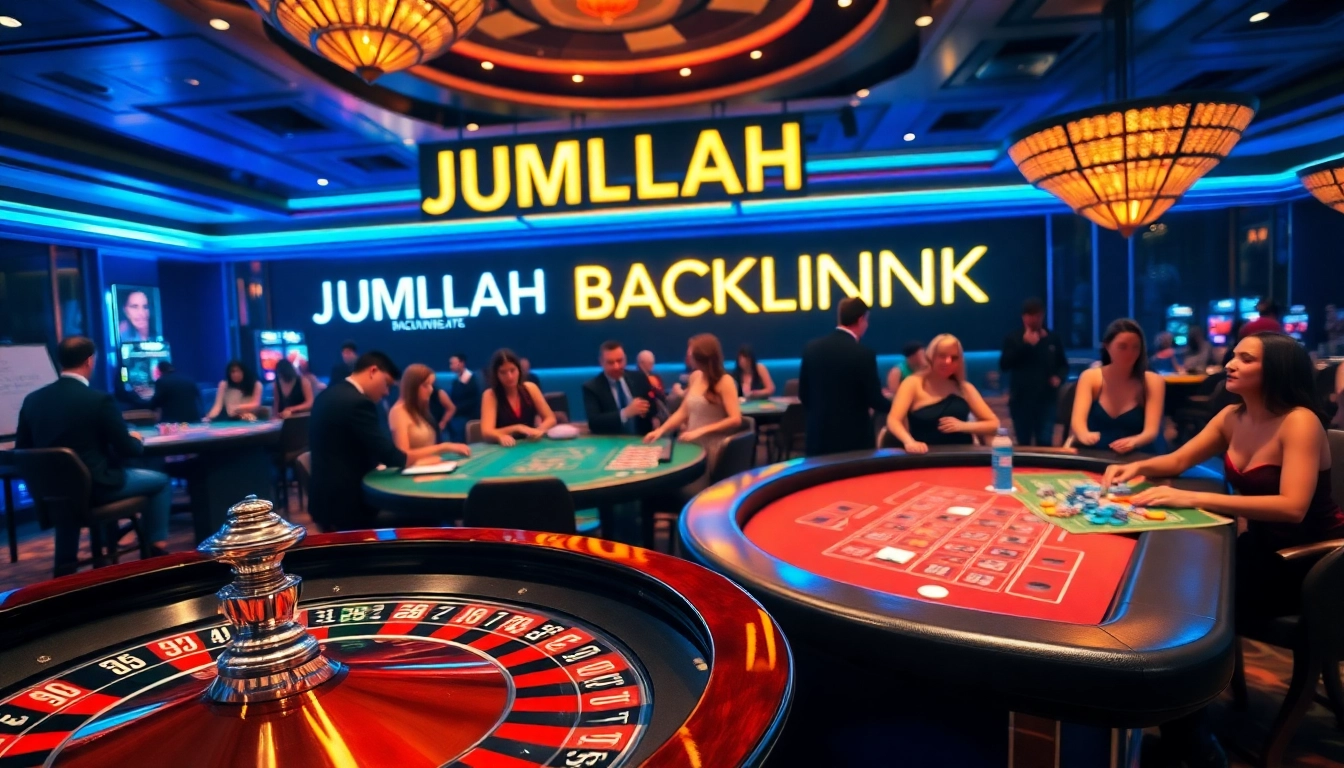 Casino scene showcasing 'JUMLAH BACKLINK' on a digital display amid vibrant gaming activities.