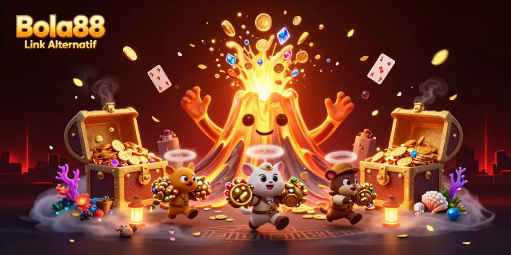 Win big with Bola88 Link Alternatif as a golden volcano erupts coins and treasure.