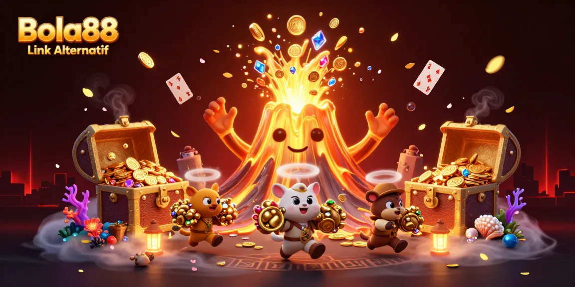 Win big with Bola88 Link Alternatif as a golden volcano erupts coins and treasure.