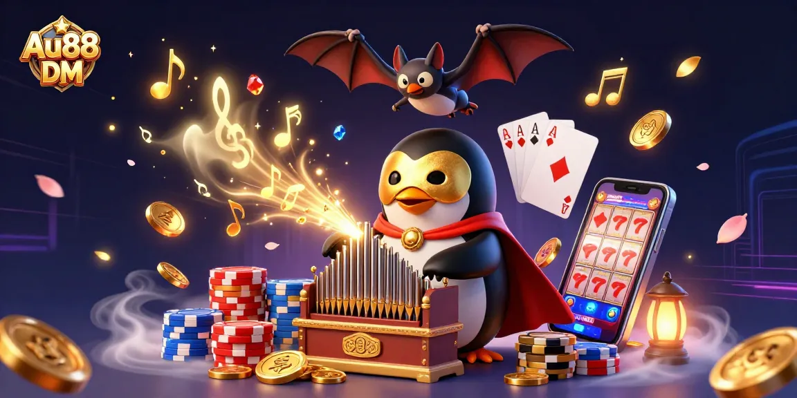 Win big at Au88 DM with a vibrant 3D gaming scene featuring a penguin organist, rolling coins, and lively casino elements.