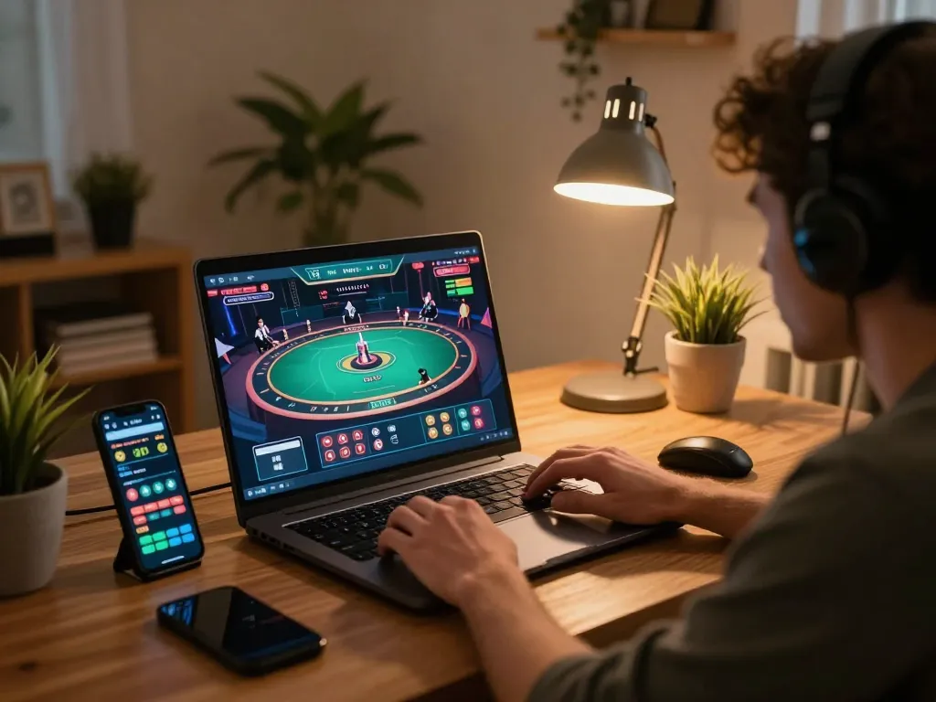 Engaging online gaming scene at https://www.dacsandatphanrang.com/ with a lively dealer game on a laptop and smartphone betting