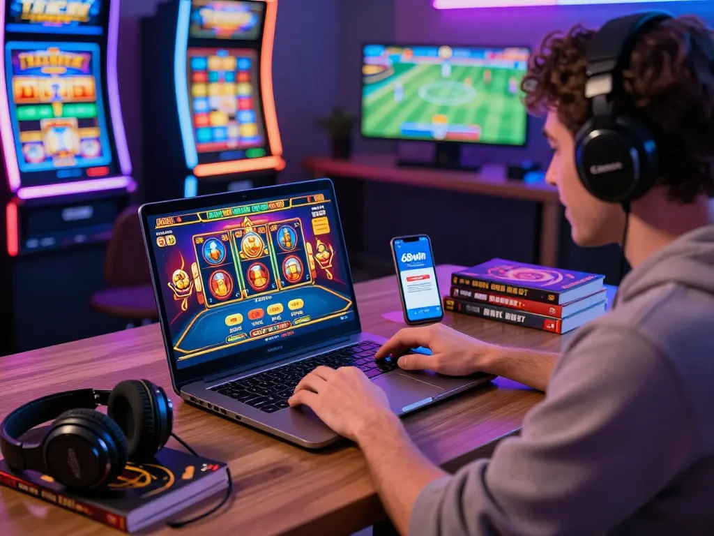 Player engaged in online gaming with 68win, showcasing vibrant casino elements and gaming accessories.