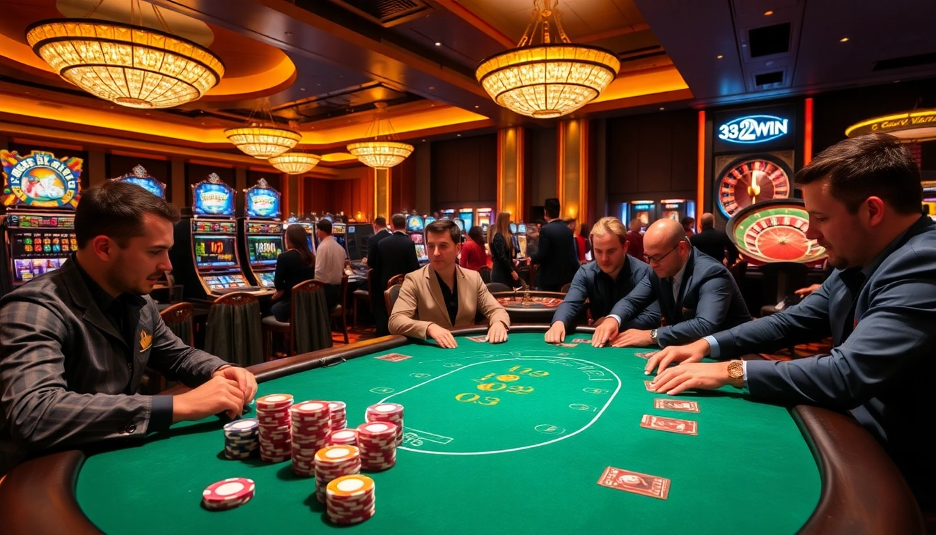 32WIN casino table with players enjoying poker chips and exciting games