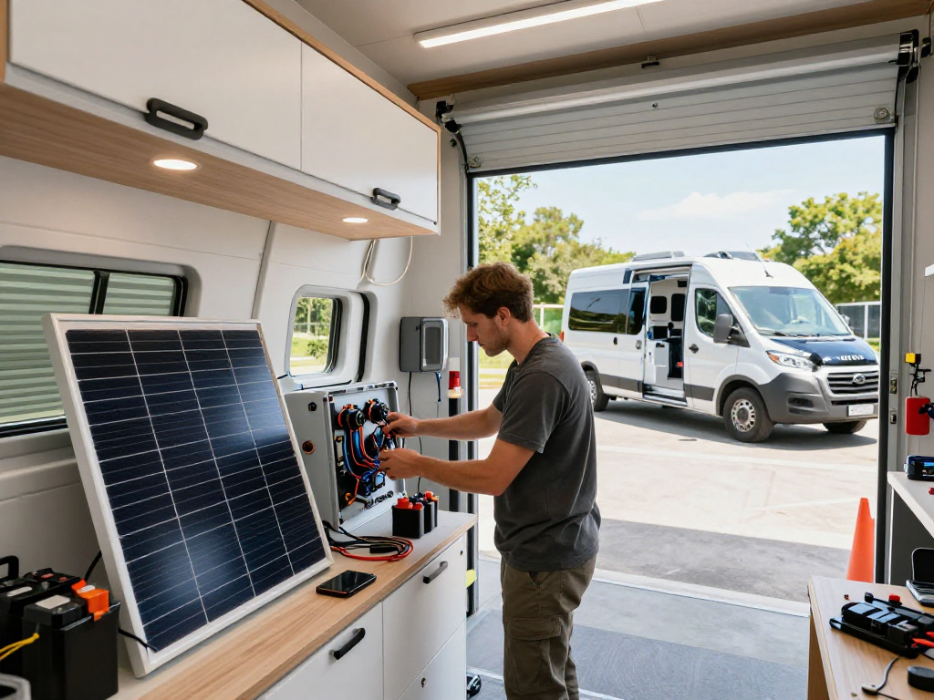 rokok88 builder upgrading camper van electrical systems in a modern workshop